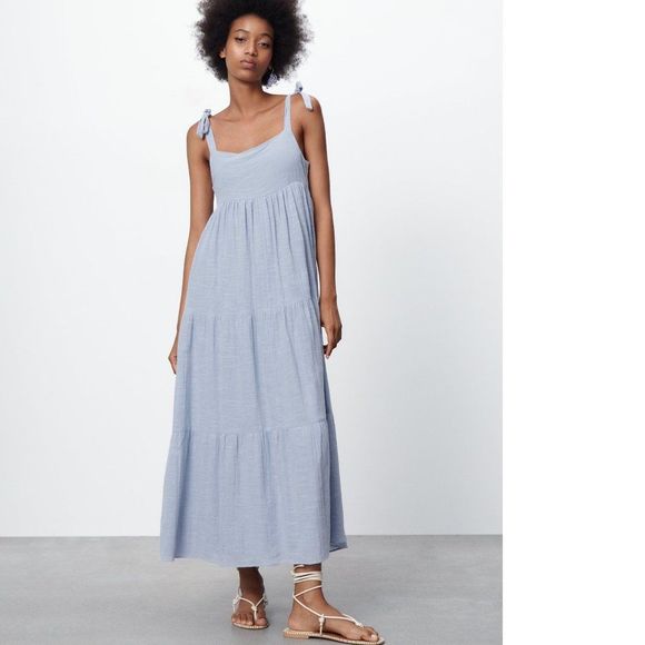 tiered cotton dress zara Zara V-Neck Oversized Tiered Midi Cobalt Blue Dress sz XS